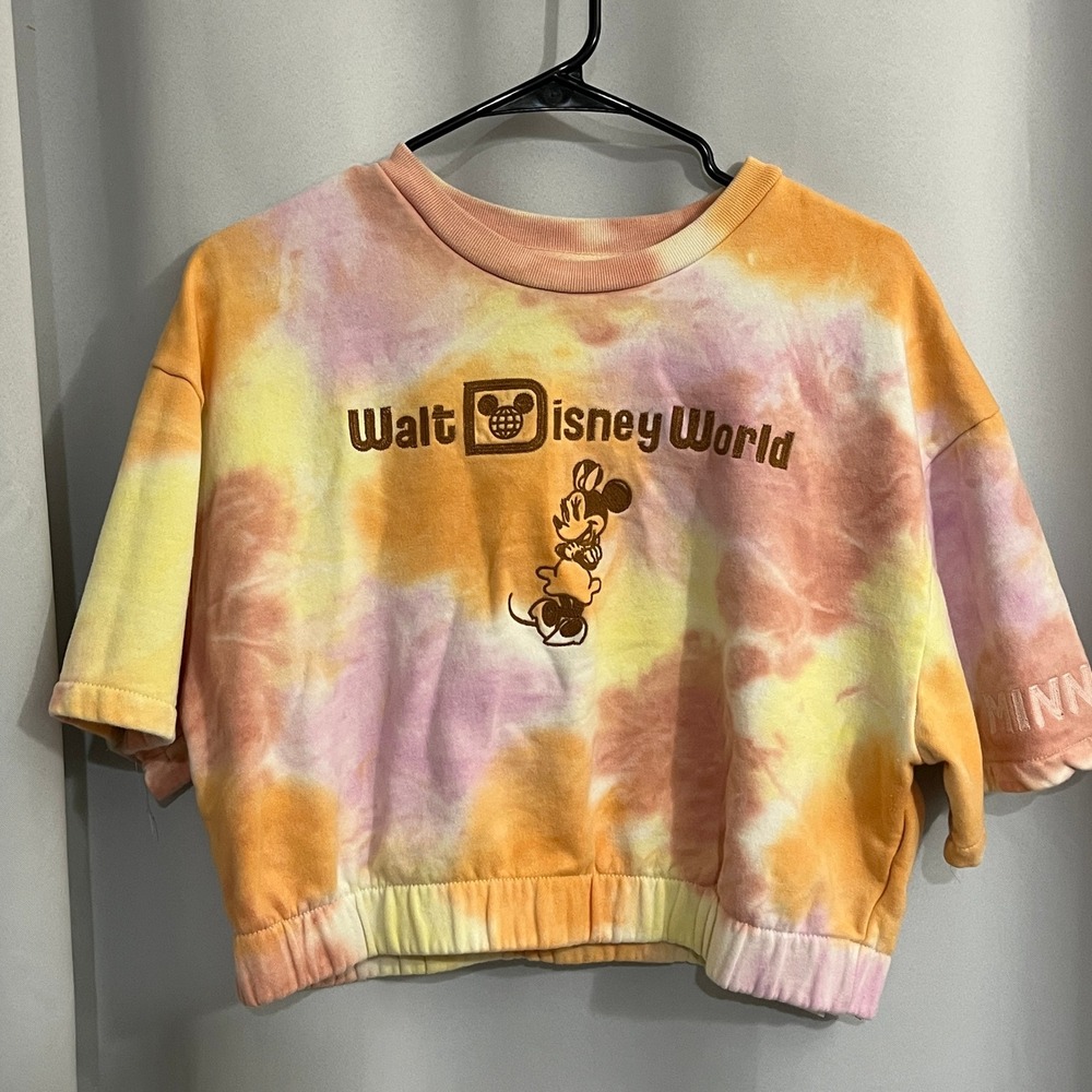 Walt Disney World Minnie Mouse Sweatshirt Womens XL Orange PInk Tie Dye Cropped